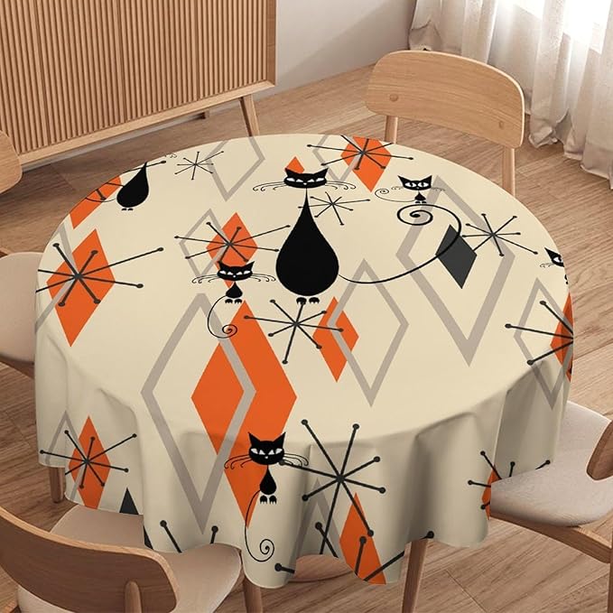 Retro Boho Modern Black Cat Round Tablecloth, Mid Century Boho Moon Abstract Geometric Leaf 50s 60s Style Tablecloth for Home Party Dining Room Kitchen Decor 70Inch(178cm)