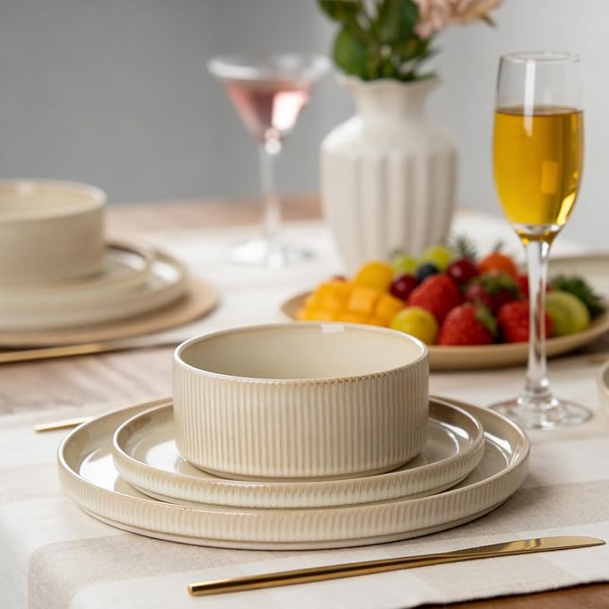 Stoneware Dinnerware Sets, Plates and Bowls Set for 4, 12-Piece Ribbed Dishes – Chip & Scratch Resistant, Microwave and Dishwasher Safe Tableware, Warm Off-White