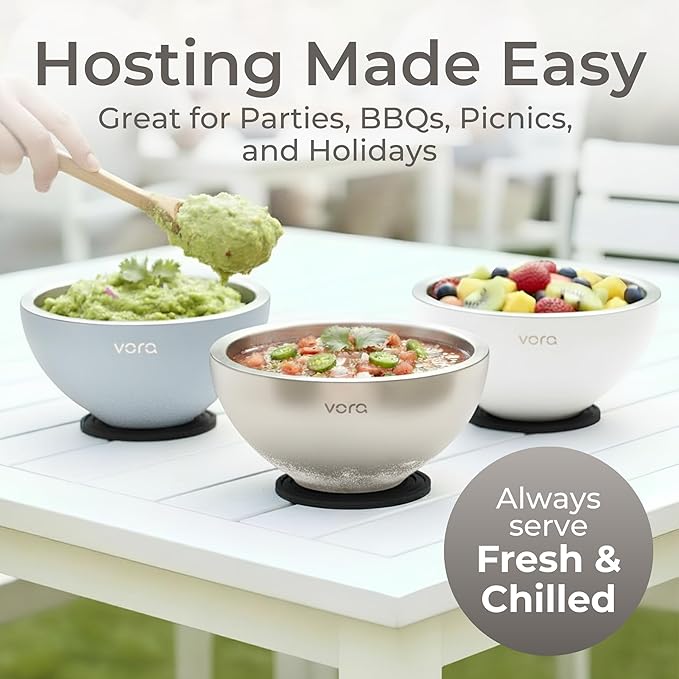 Vora 18oz Dip Chiller Bowl | 2 Pack Stainless Steel Chilled Dip Bowl for Dips, Guacamole, Hummus, Salsa | Insulated Serving Dishes with Easiest Water Fill & Refillable Chamber