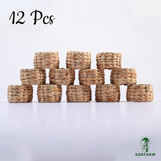 12 Pcs Round Woven Napkin Rings, Water Hyacinth Easter Napkin Rings Set of 12, Anillos para Servilletas De Tela, Boho Napkins Holder for Elegant Table Decoration, Christmas Table Decor, Wedding Decor
