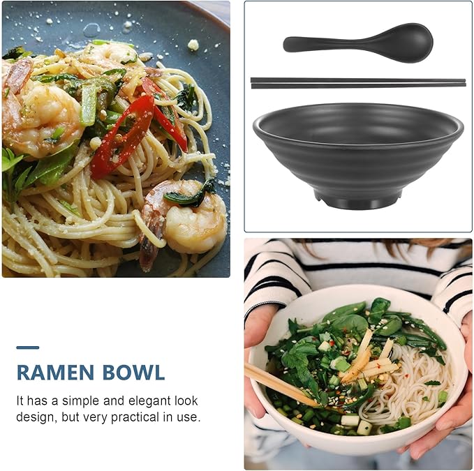 Creative Asian Style Noodle Bowl Set with Spoon and Chopsticks, Melamine Soup and Noodle Bowls, 1009L Capacity, Black, Restaurant Kitchen Tableware for Asian Dishes and Home Use