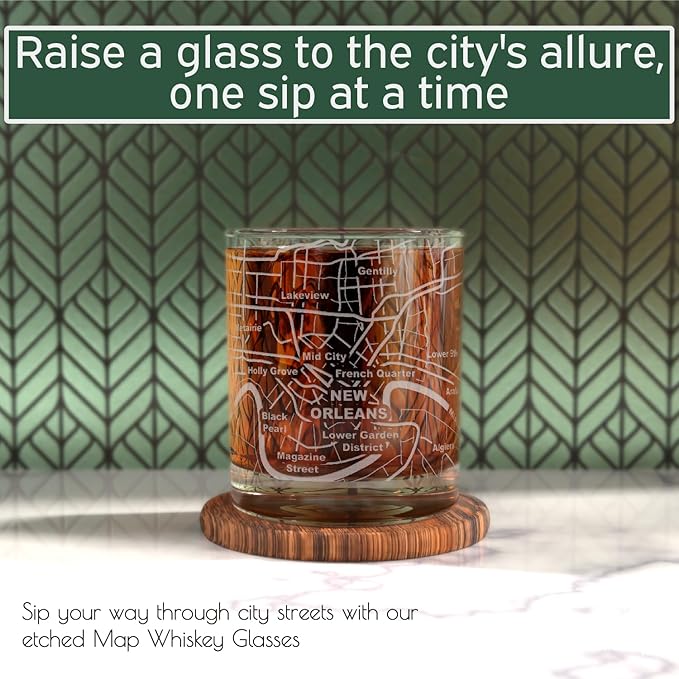 Greenline Goods Whiskey Glasses - 10 Oz Tumbler Gift Set for New Orleans lovers, Etched with New Orleans Map Old Fashioned Rocks Glass - Set of 2
