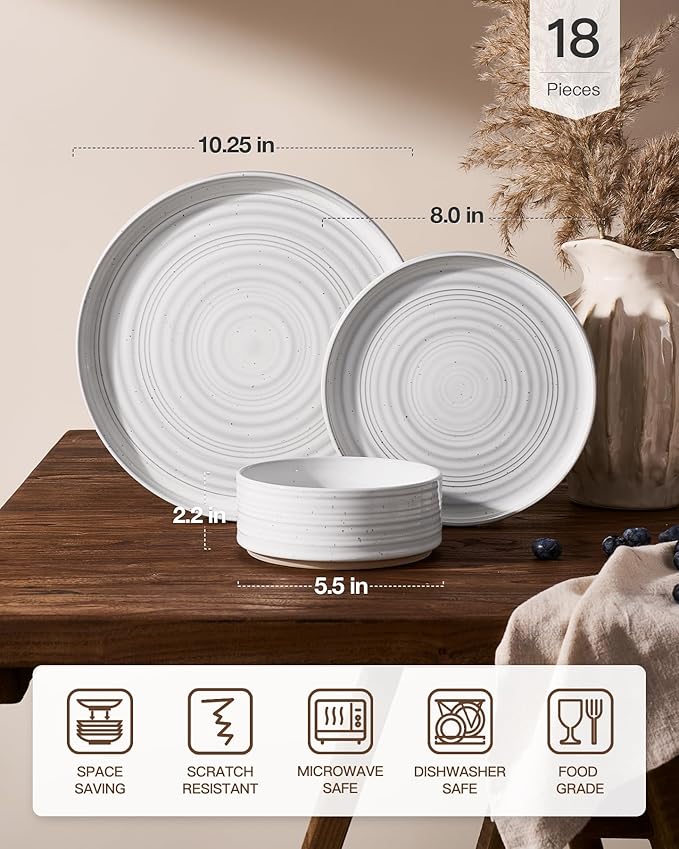 Plates and Bowls Sets for 6 (18-Piece) Stoneware Reactive Glaze Dinnerware with Speckles & Spirals, Chip and Scratch Resistant Straight Dishes Set with Gift Box, Microwave Dishwasher Safe, White
