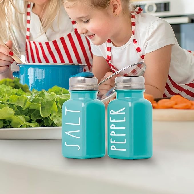 Turquoise Salt and Pepper Shakers Set, a cute teal premium glass shakers with holder and stainless steel lids, perfect for adding a modern kitchen decor charm, great as a gift.