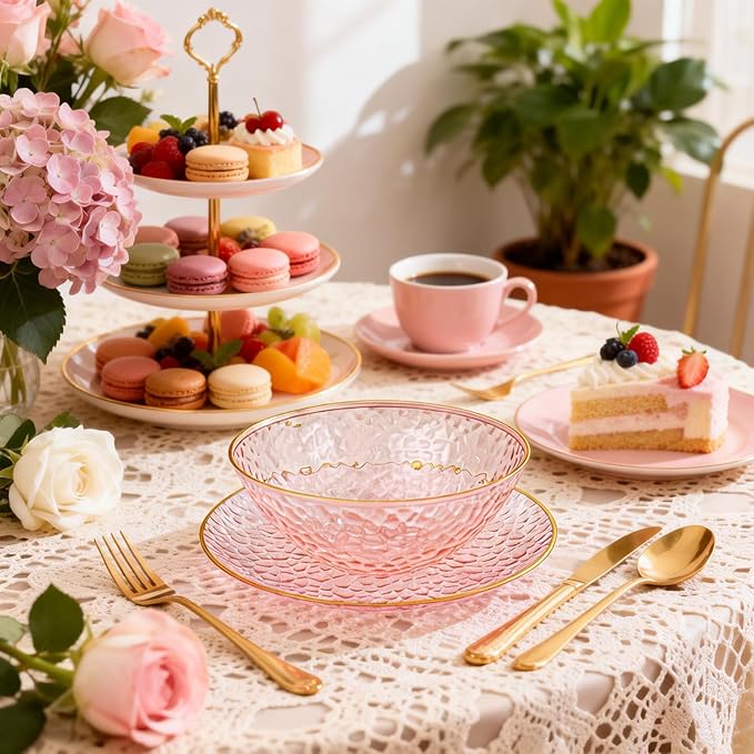 Tinybee 30 Pack Pink Plastic Bowls - Pink Disposable Bowls for Party with Gold Rim, 16-20oz Premium Hammered Bowls Disposable Heavy Duty, Plastic Salad Bowls for Milk Cereals, Snacks, Salads