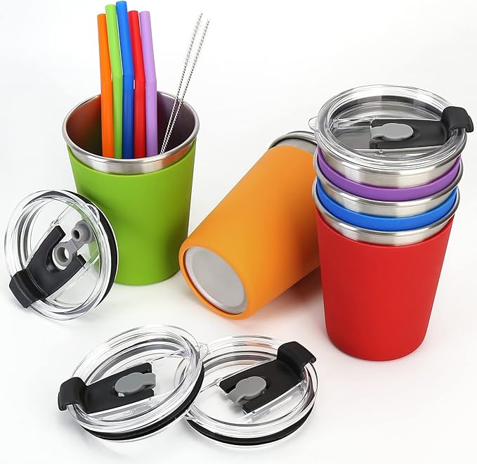 ShineMe 5Pack Kids Cups with Straws and Lids Spill Proof, 12oz Toddler Straw Cups with Colorful Silicone Sleeves, Unbreakable Stainless Steel Water Tumblers for Cold & Hot Drinks