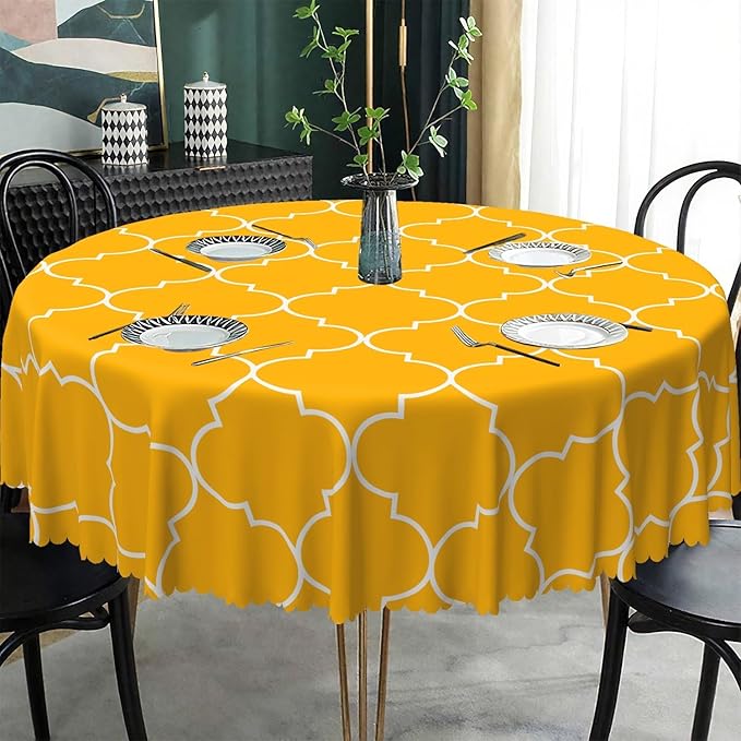 Laeacco 70 Inch Morocco Round Tablecloth Orange Geometric Lattice Modern Abstract Art Print Table Cloth Washable Waterproof Wrinkle Free Table Cover for Kitchen Dining Picnic Party Decoration