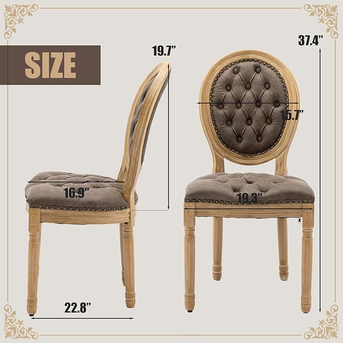 SoarFlash French Dining Chairs Set of 2, Vantage Dining Chair with Round Back, Wood Leg Farmhouse Country PU Leather Dining Chair for Kitchen,Bedroom,Brown