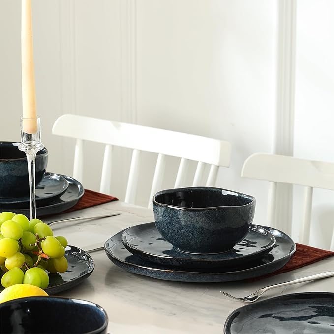 Stone + Lain Mirella 12-Piece Stoneware Dinnerware Set, Service for 4, Reactive Glaze, Deep Blue – Includes Dinner Plates, Salad Plates, and Bowls – Modern Artisanal Design