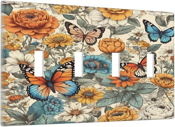 Light Switch Cover Vintage Colorful Floral Butterfly Flowers 4 Gang Switch Plate Quad Toggle Wall Plates Decorative Switchplate Electrical Outlet Cover for Bathroom Bedroom Decor