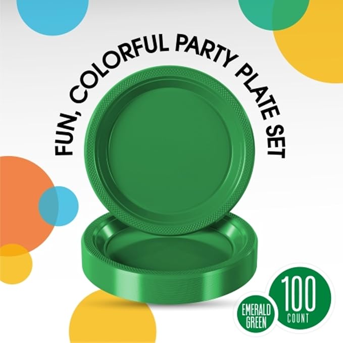 Emerald Green Plastic Plates For Party 9" Emerald Green Disposable Plates Heavy Duty 100 Pcs Plastic Dinnerware Sets Heavy Duty 350 GSM Disposable Dinnerware Set