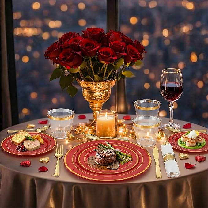 175 Pieces Red Plastic Plates with Gold Rim Include Dinner Plate 10”, Dessert Plate 7”, gold Cups 9 OZ, Pre Rolled Napkins 25 of each type for Party Valentine's Day