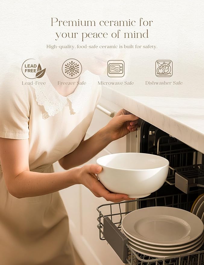 AISBUGUR 39 OZ Large Soup Bowls,Porcelain Salad Bowls Set of 4,Pho Bowls for Soup,Salad,Cereal,Pasta,Fruit,White Bowls Set for Dishwasher & Microwave Safe