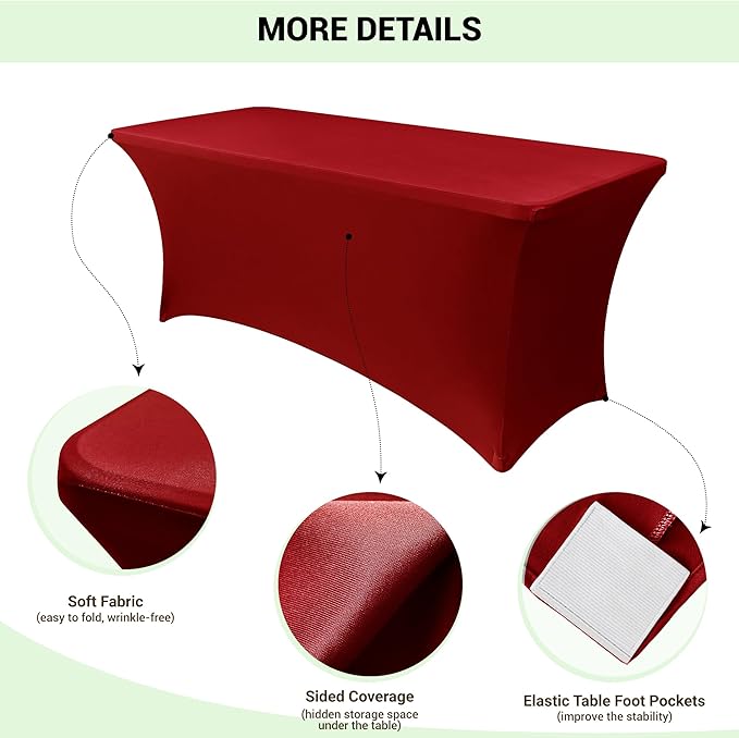 Obstal 6 Pack Stretch Spandex Red Table Covers for 8 Foot Tables - 8 FT Universal Rectangular Fitted Tablecloth Protector for Wedding, Banquet, Party, 96 Length x 30 Width x 30 Height Inches