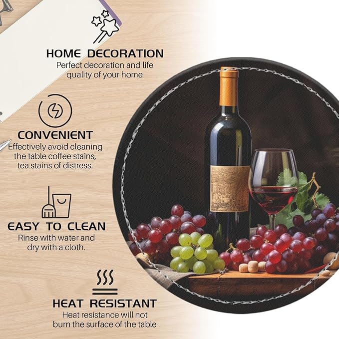 Coasters for Drinks PU Leather,Set of 6 with Holder,Round Housewarming Gift Home Decor,Red Wine and Grapes