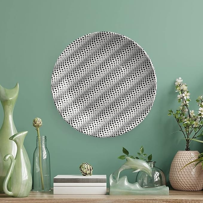 Ceramic Plates, Abstract Decorative Ceramic Plates, Wavy Rhombus Abstract Modern Monochrome Decor, 7 Inch, Household Plates Decorative, Black White