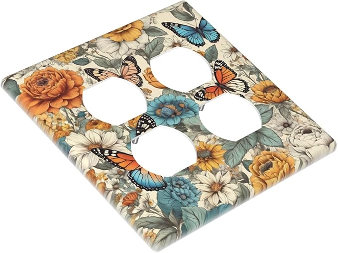 Light Switch Cover Vintage Colorful Floral Butterfly Flowers 2 Gang Decorative SwitchPlates Double Duplex Wall Plates Switch Plates and Outlet Covers for Bathroom Bedroom Decor