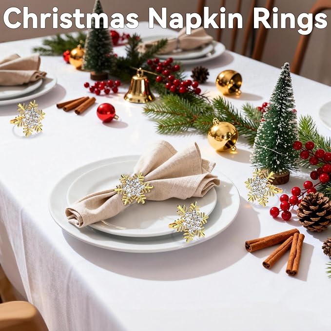 ZeeDix Christmas Gold Snowflake Napkin Rings Set of 12, Napkins Ring for Dinning Table - Rustic Dinner Tables Decoration for Wedding Receptions Christmas Thanksgiving Holiday Party Dinner Parties