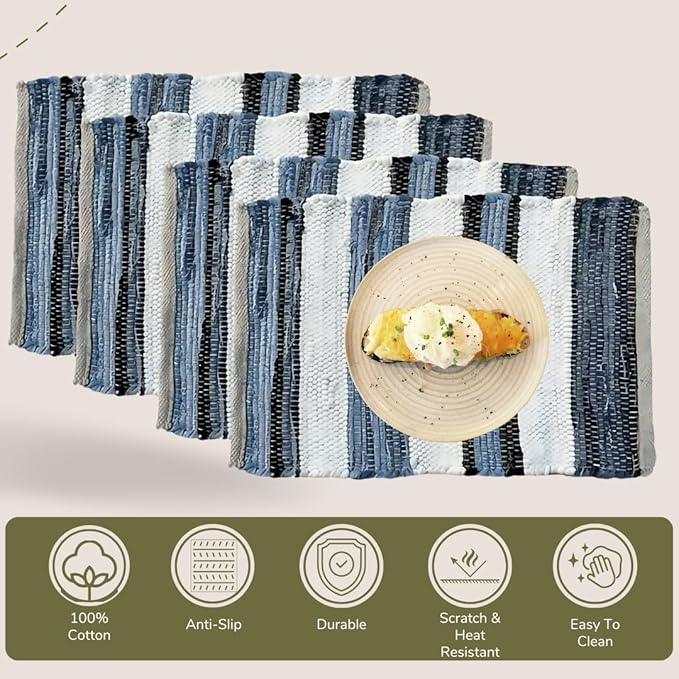 Perilla Home Natural Chindi Jute Placemats Set of 4 Vintage Boho 13x19 Inch Table Mats for Kitchen Dining Home Decor Rectangle Printed Rustic Placemat (Nagiso)
