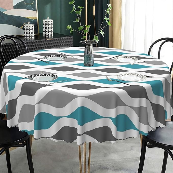 Laeacco 24 Inch Geometric Round Tablecloth Blue and Grey Waved Stripes Modern Abstract Art Print Table Cloth Washable Waterproof Wrinkle Free Table Cover for Kitchen Dining Picnic Party Decoration