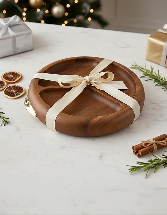 Multi-Purpose Serving Tray – Acacia Wood Round Decorative Tray with Golden Handles – Charcuterie, Snack, Breakfast, Coffee & Tea Platter for Parties & Home Decor