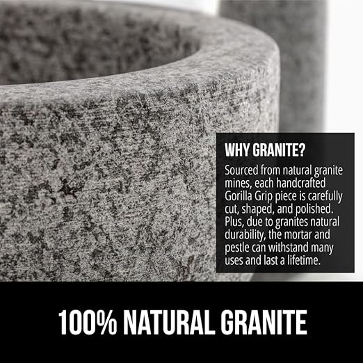 GORILLA GRIP Heavy Duty Mortar and Pestle Set with Slip Resistant Base, 2 Cup, 100% Granite Stone Molcajete Guacamole Bowl, Grind Seeds, Spices, Crush Garlic, Kitchen Muddler for Fresh Herbs, Gray