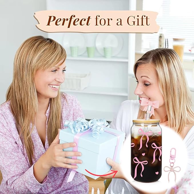 Mason Life Coquette Pink Bow Cute Glass Cups with Lids 2Pack 18OZ Cute Tumbler Glass Cup with Keychains and Straw Covers for Valentines Day Gift Iced Coffee Smoothie Cocktail Matcha Milk Mother's Gift