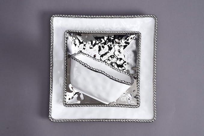 Pampa Bay Set The Table Square Cereal/Soup Bowl, 6 × 6 × 2.75 in, White and Silver