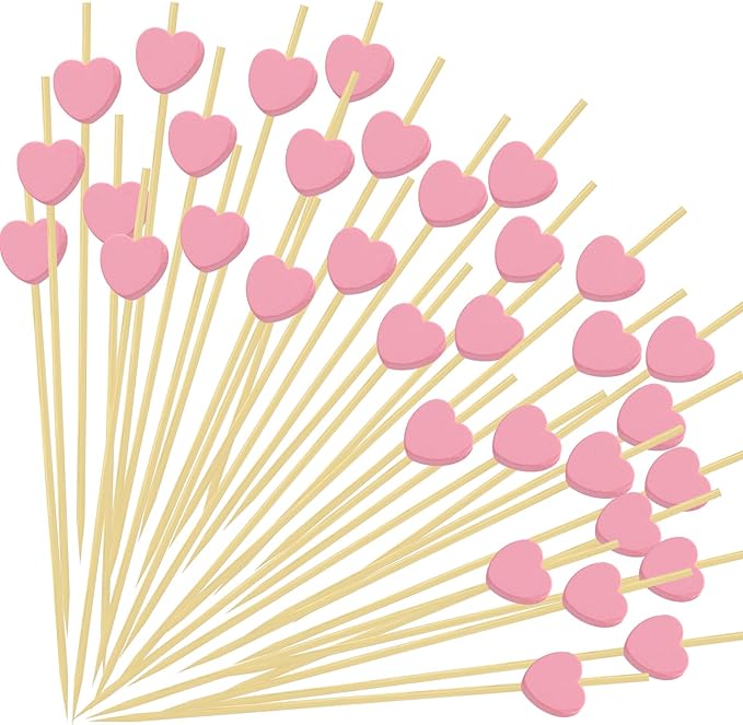 120 PCS Pink Love Heart Shaped Cocktail Picks, 4.7Inch Bamboo Fancy Toothpicks for Appetizers, Cocktail Skewers Sticks Selected for Weddings, Valentines Day, Desserts, Charcuterie, Food, Drinks