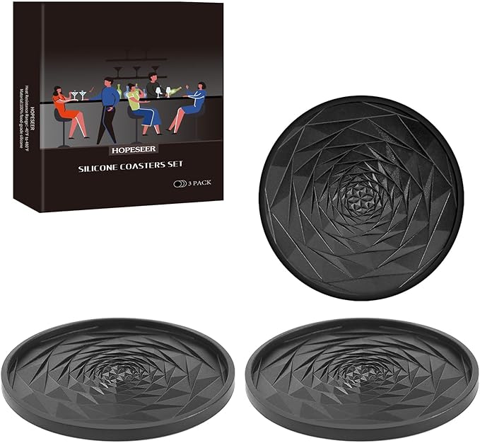 Silicone Coasters Set of 3 with Unique Rose Petal Design, Drink Coasters for Table Protection, Cup Mat for Hot-Cold Beverages, Modern Non-Slip, Non-Stick Design, Ideal Gift(3 Pack, Black)