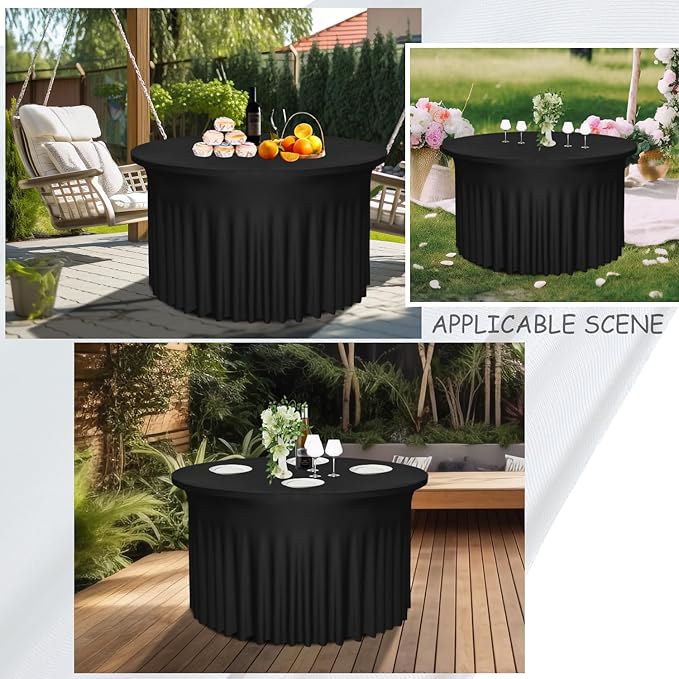 4 Pack Black Round Table Skirt, 60 Inch Diameter x 30 Inch Height, Stretch Polyester Spandex Tablecloth for 5ft Round Tables, Stain & Wrinkle Resistant for Wedding, Banquet Decor