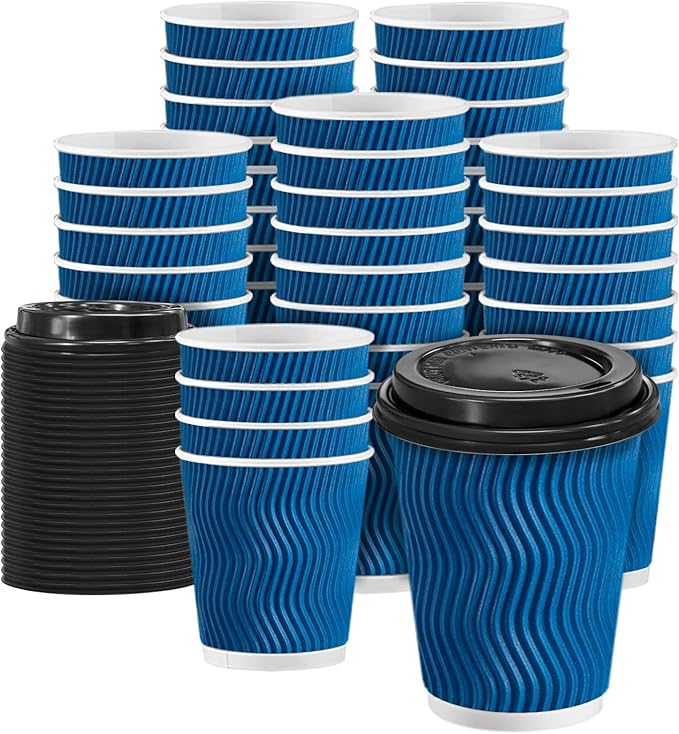 100 Pack Coffee Cups with Lids 10 oz, Disposable Insulated Ripple Wall To Go Paper Coffee Cups for Hot/Cold Drinks Office Home Shop Event (Navy)