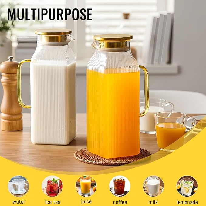 4 Pack 2 Liter/68 oz Square Glass Pitcher with Lid, Classic Stripes Water Pitchers with Handle for Fridge, Large Jug for Iced Tea, Coffee, Borosilicate Glass Carafe for Hot/Cold Brew Drink, Gold