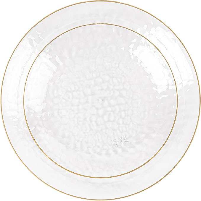 PLASTICPRO 32 Piece Combo Plates Set includes 16-7'' inch Plates & 16-9'' inch Plate Clear Plastic Organic Hammered Design Party Dishes Gold Rim, Elegant, Tableware, Dishes,