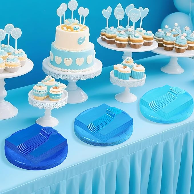 Serves 35 Guests Dusty Blue Plates and Napkins Party Supplies,7" Gradient Blue Birthday Dessert Paper Plates and Napkins,Disposable Party Dinnerware for Wedding,Graduation