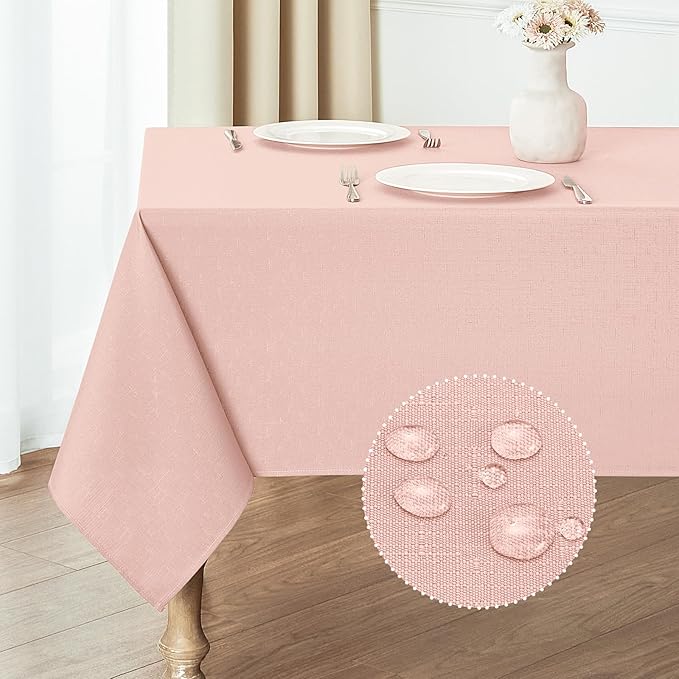 2 Pack Rectangle Tablecloth, 60x84 inch, Water Resistant Wrinkle Free Linen Textured Table Cloth Washable, Decorative Fabric Table Cover for Dining, Party and Camping, Pink
