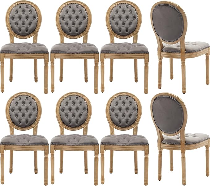 Vintage French Dining Chairs Set of 8, Round Back Velvet Upholstered Accent Chairs with Nailhead Trim and Solid Wood Frame, Elegant Sillas de Comedor for Dining Room & Kitchen, Gray