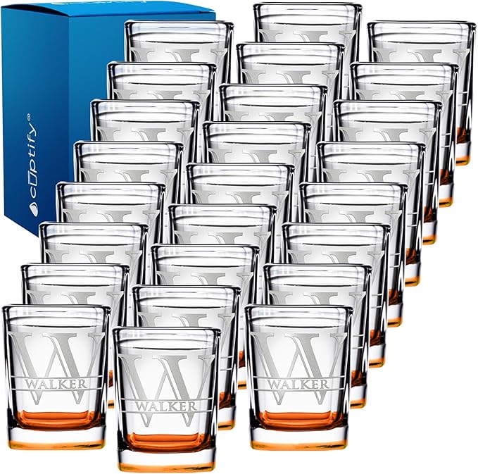 Personalized Square Shot Glasses Set of 25 Orange Bottom 2oz Engraved Initial and Name Custom Gifts, Weddings, Birthdays, Party, Event, Decorations