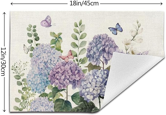 Spring Placemats 12x18 Inches Set of 4,Blue Violet Hydrangea Floral Decorative Rectangle Summer Seasonal Flower Decoration Table Mats for Party, Home Kitchen,Dining Table Decor