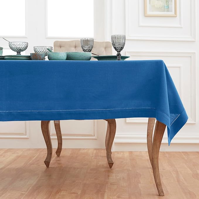 Solino Home Linen Indigo Blue Tablecloth 60 x 144 Inch - Classic Hemstitch, 100% Pure Linen Rectangular Tablecloth - Machine Washable Table Cloth for Winter, Spring, Easter