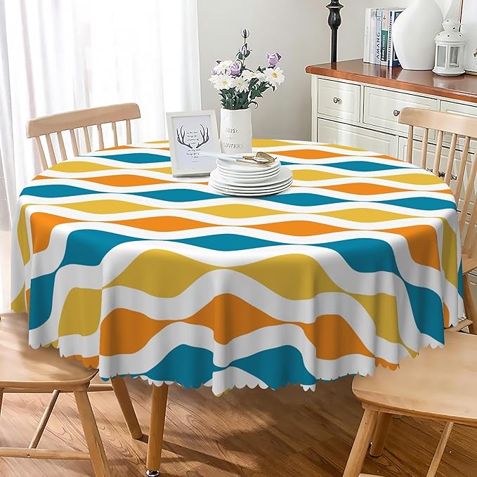 Laeacco 24 Inch Geometric Round Tablecloth Blue and Orange Waved Stripes Modern Abstract Art Print Table Cloth Washable Waterproof Wrinkle Free Table Cover for Kitchen Dining Picnic Party Decoration
