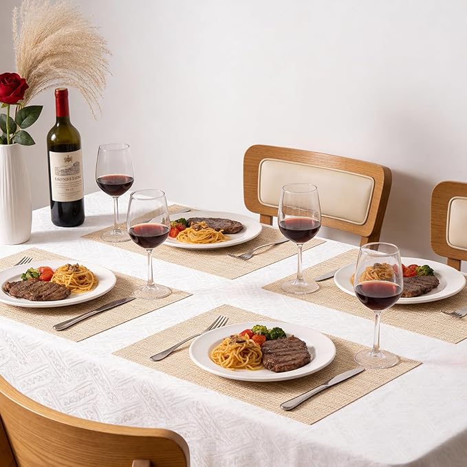 Timeet Placemats Set of 4, Heat Resistant Non-Slip Place Mats for Dining Table, Durable Washable PVC Vinyl Woven Table Mats, Linen Textured Placemats for Kitchen Resistant Easy to Clean(Beige