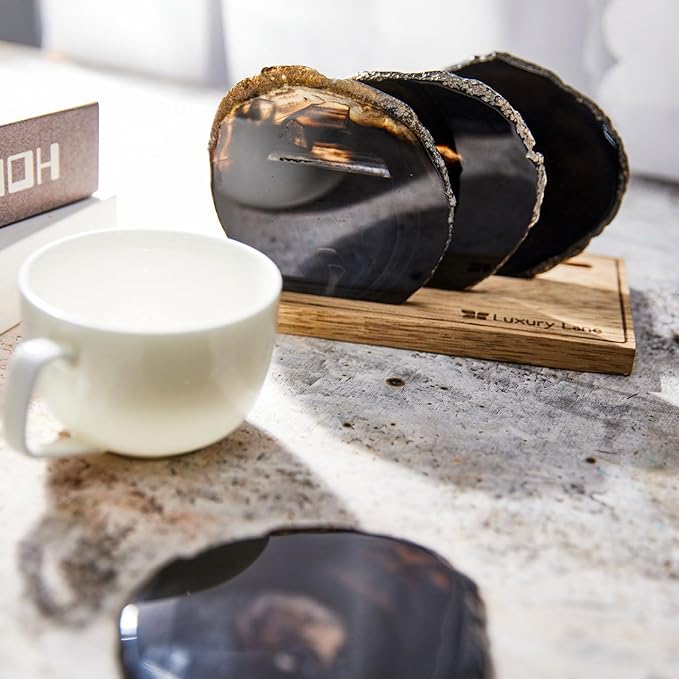 Luxury Lane Set of 4 Large Natural Brazilian Agate Slice Geode Rock Stone Drink Coasters with Wood Holder 4.3-4.7 inch Centerpiece Table Decoration, Black Space