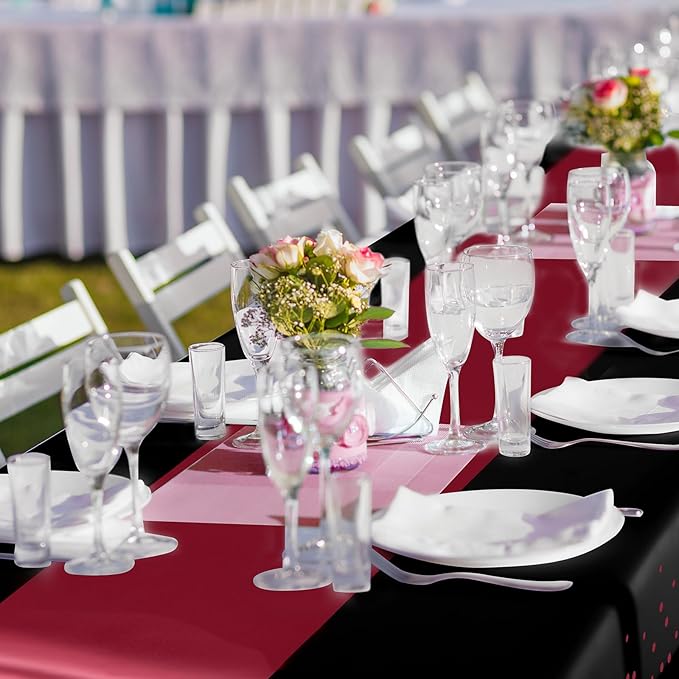 Breling 8 Pack Black and Maroon Disposable Plastic Tablecloths and Satin Table Runner Set, 54 x 108 Inch Tablecloth, 12 x 108 Inch Table Runners for Wedding Graduation Birthday Baby Shower