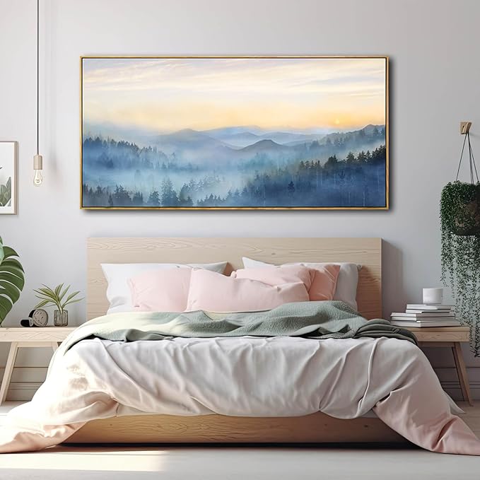 Home Decor Mountain Wall Art Blue Large Framed Artwork for Living Room Bedroom Office Wall Decorations 29x58 Inch