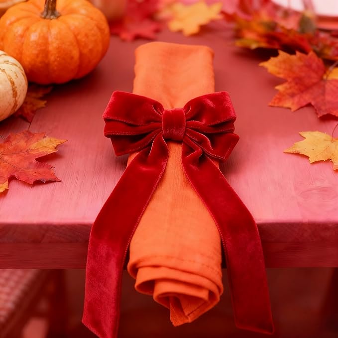 Bow Napkin Rings Set of 6 Luxury Soft Red Velvet Napkin Holders, Elegant Bow Design for Christmas Holiday Dinner Wedding Party Table Decor