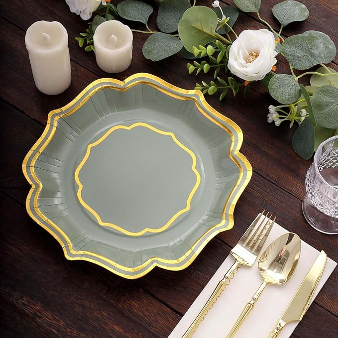 50 Pack 10" Sage Green/Gold Scallop Rim Dinner Plates, Disposable Round Paper Party Plates 300 GSM for Festive Table Decoration