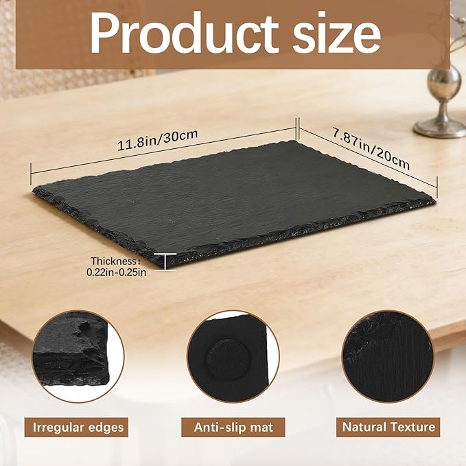 6 Pack 12 inch*8 inch Cheese Boards Black Slate Charcuterie Boards,Slate for Laser Engraving Natural Food Contact Safe Stone,Suitable for Gourmet Platter of Meat, Fruit, Party, Appetizers