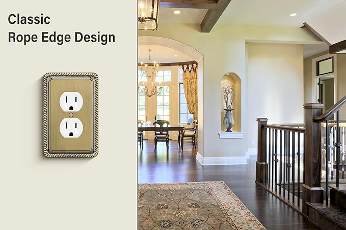 Henne Bery Rope Edge Decorative Wall Plate Switch Plate Outlet Cover (Single Duplex, 3 Pack, Antique Brass)