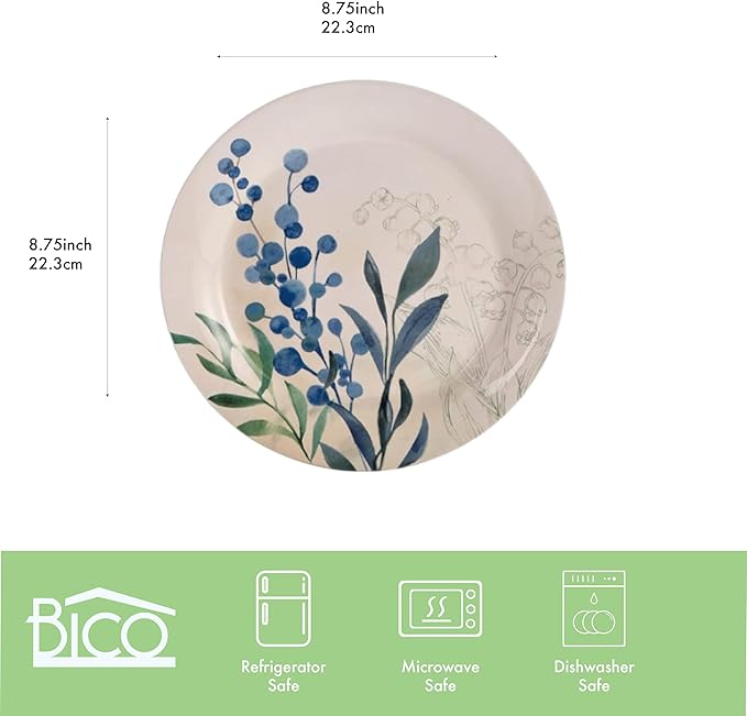 Bico Botanical Valley Salad Plates Set of 4, 8.75 Inch Ceramic Dessert Plates for Salad, Appetizer, Side Dishes, Microwave and Dishwasher Safe, Gift for Housewarming and Thanksgiving